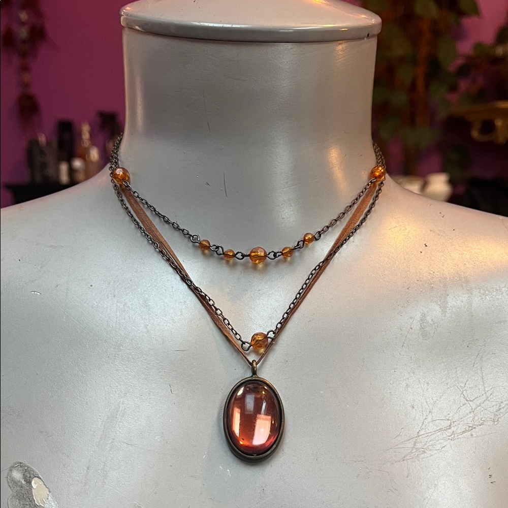 Vintage 90s choker stack set / beaded amber orange & mirror ✨ pendant necklace